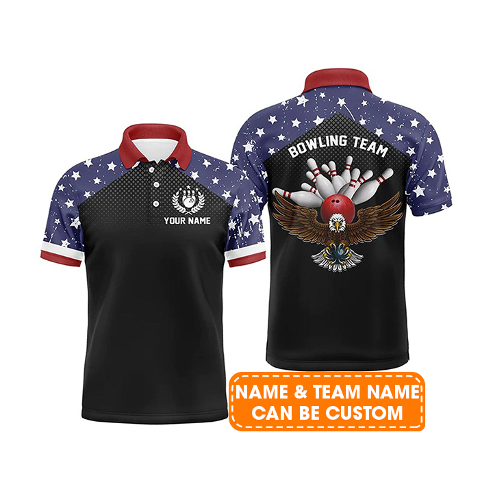 Bowling Custom Men Polo Shirt - Customize American Flag Patriot Vintage Personalized Bowling Polo Shirt - Perfect Gift For Friend, Family
