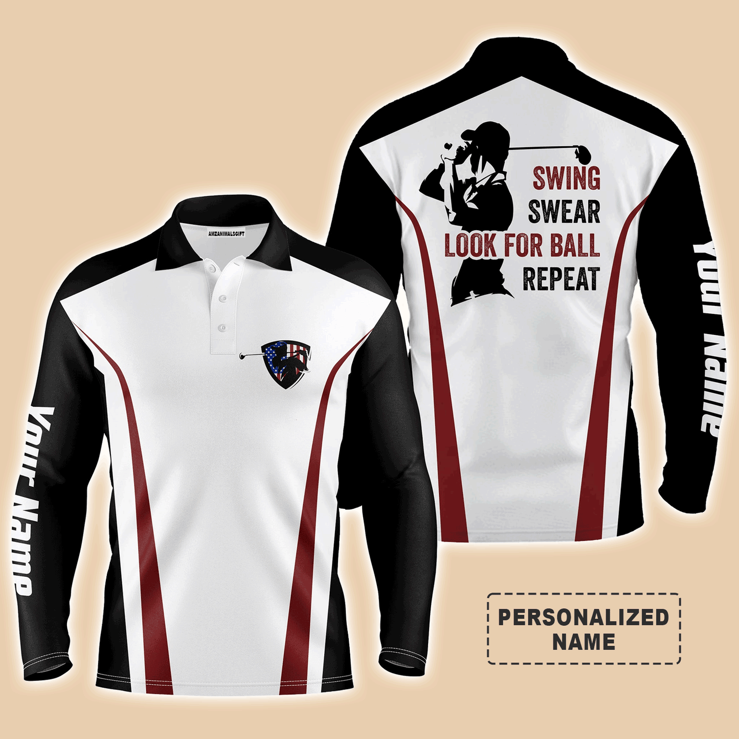 Golf Men Polo Shirt - Funny Custom Name Black White Red Apparel, Swing Swear Look For Ball Repeat Men Golf Polo Shirt - Perfect Polo Shirt For Men, Golfers