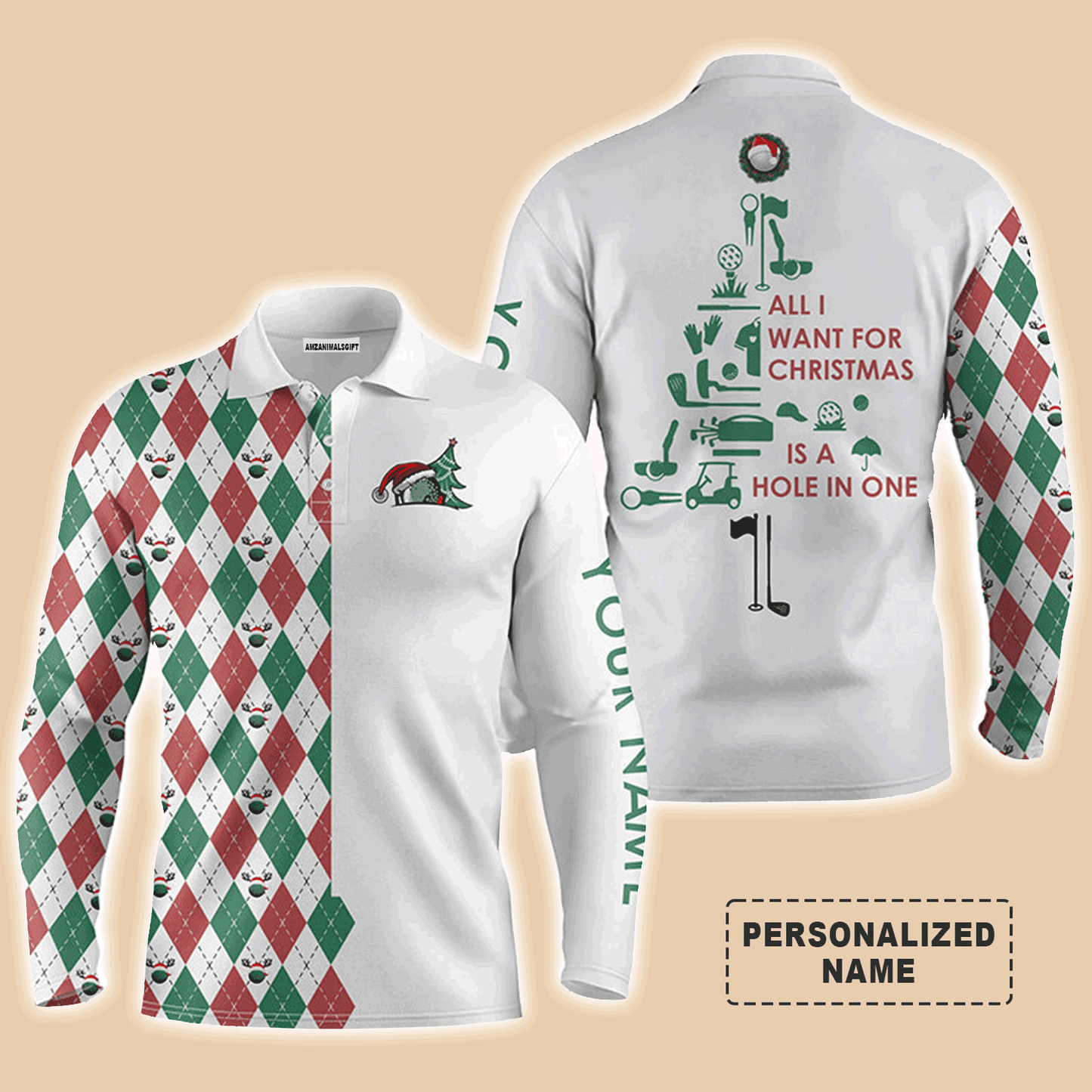Golf Men Polo Shirt, Custom Name Funny Christmas Tree All I Want For Christmas Is A Hole In One Apparel - Personalized Sports Gift For Men, Golf Lover