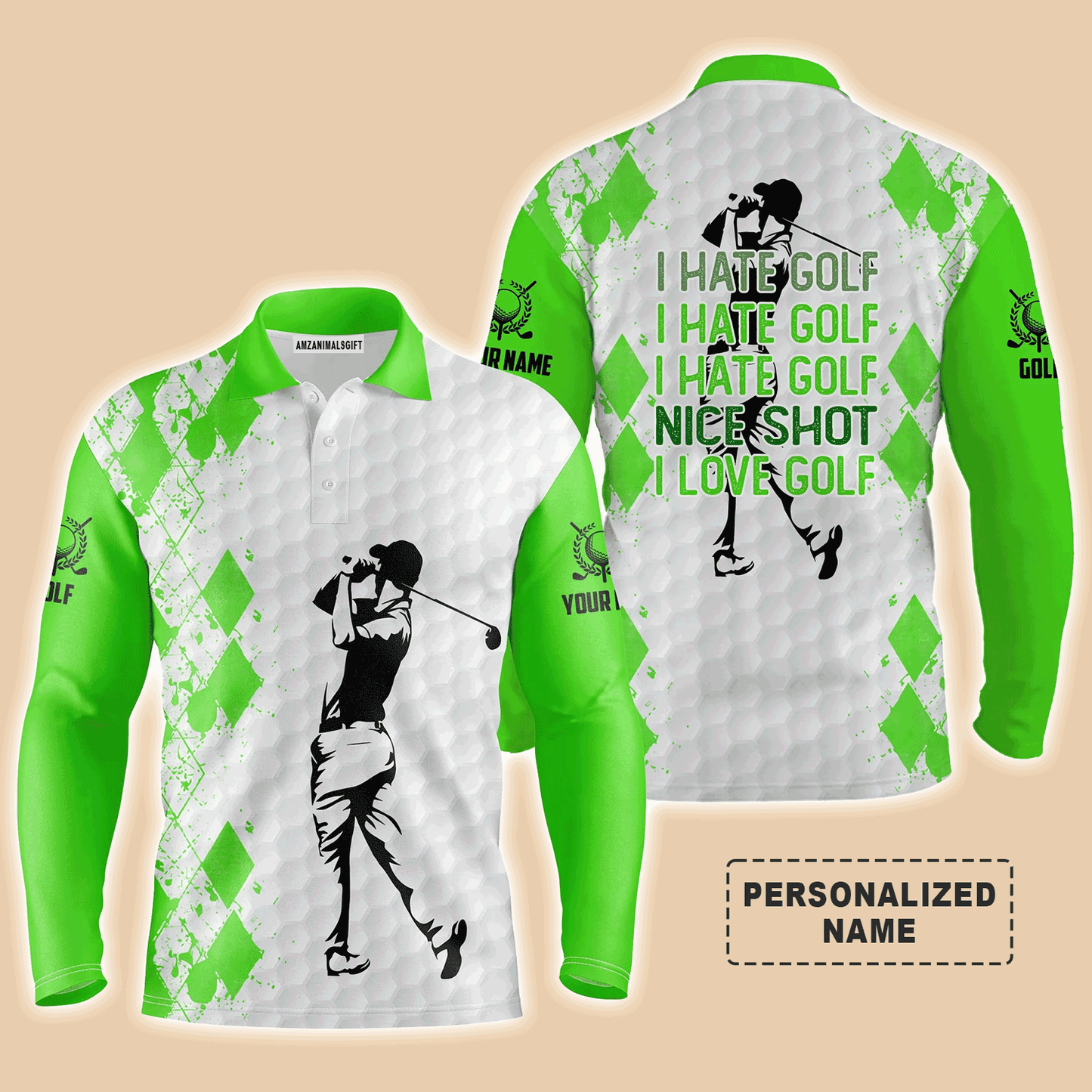 Golf Men Polo Shirt - Funny Custom Name Green White Apparel, I Hate Golf Nice Shot I Love Golf Men Golf Polo Shirt - Perfect Polo Shirt For Men, Golfers