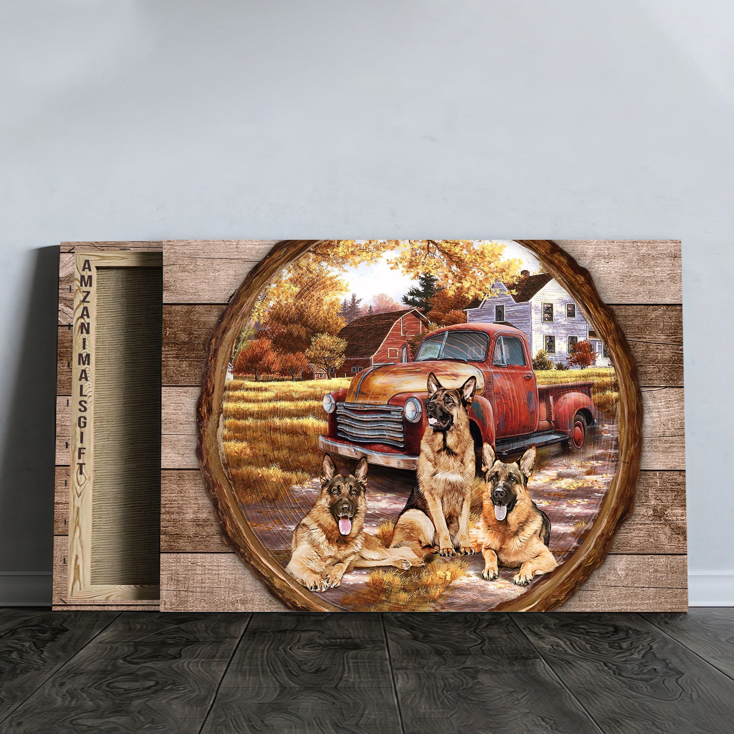 German Shepherd Premium Wrapped Landscape Canvas - German Shepherd, Ladybug Car, Autumn Park - Perfect Gift For German Shepherd Lovers