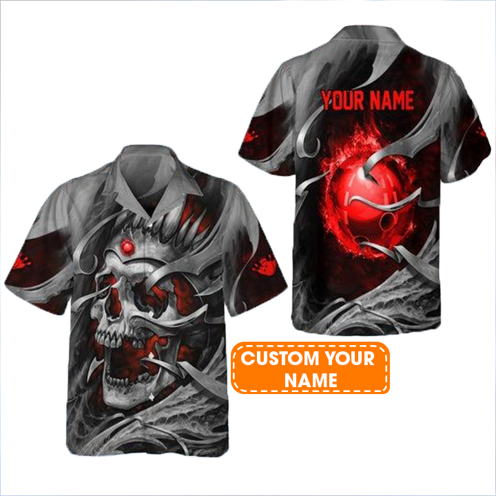 Customized Bowling Hawaiian Shirts, Skull Red Bowling Ball Personalized Aloha Shirts - Gift For Bowling Lovers, Bowling Players