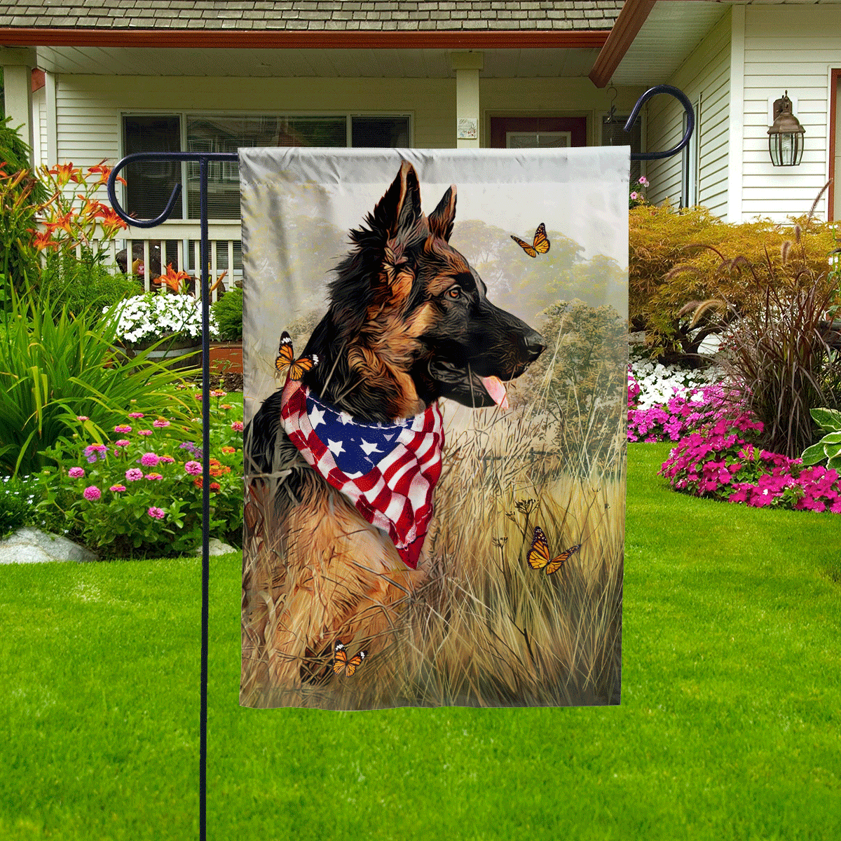 German Shepherd Flag - US flag symbol, Rice field, Butterfly Flag - Perfect Gift For German Shepherd Lover, Friend, Family - Amzanimalsgift