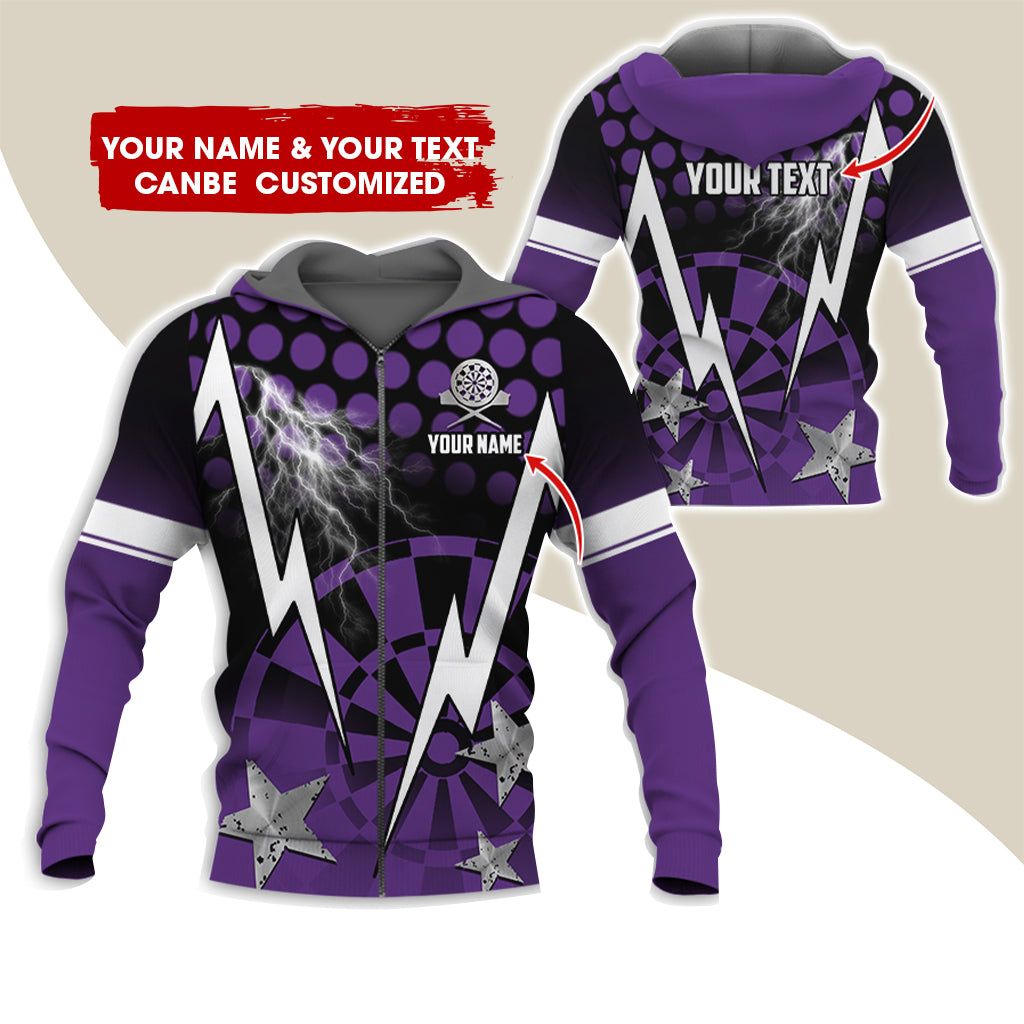 Customized Name & Text Thunder Lightning Darts Premium Zip Hoodie, Custom Star Darts Zip Hoodie For Men & Women - Gift For Darts Lovers, Darts Players