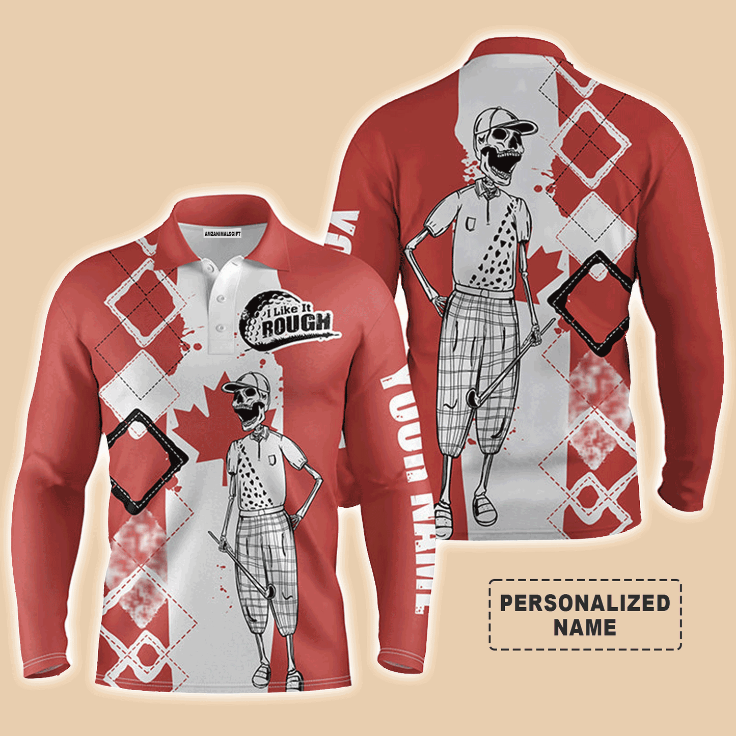 Custom Golf Men Polo Shirt - Canada Flag Custom Name Apparel - Skull I Like It Rough Men Golf Polo Shirt - Perfect Polo Shirt For Men, Golfers