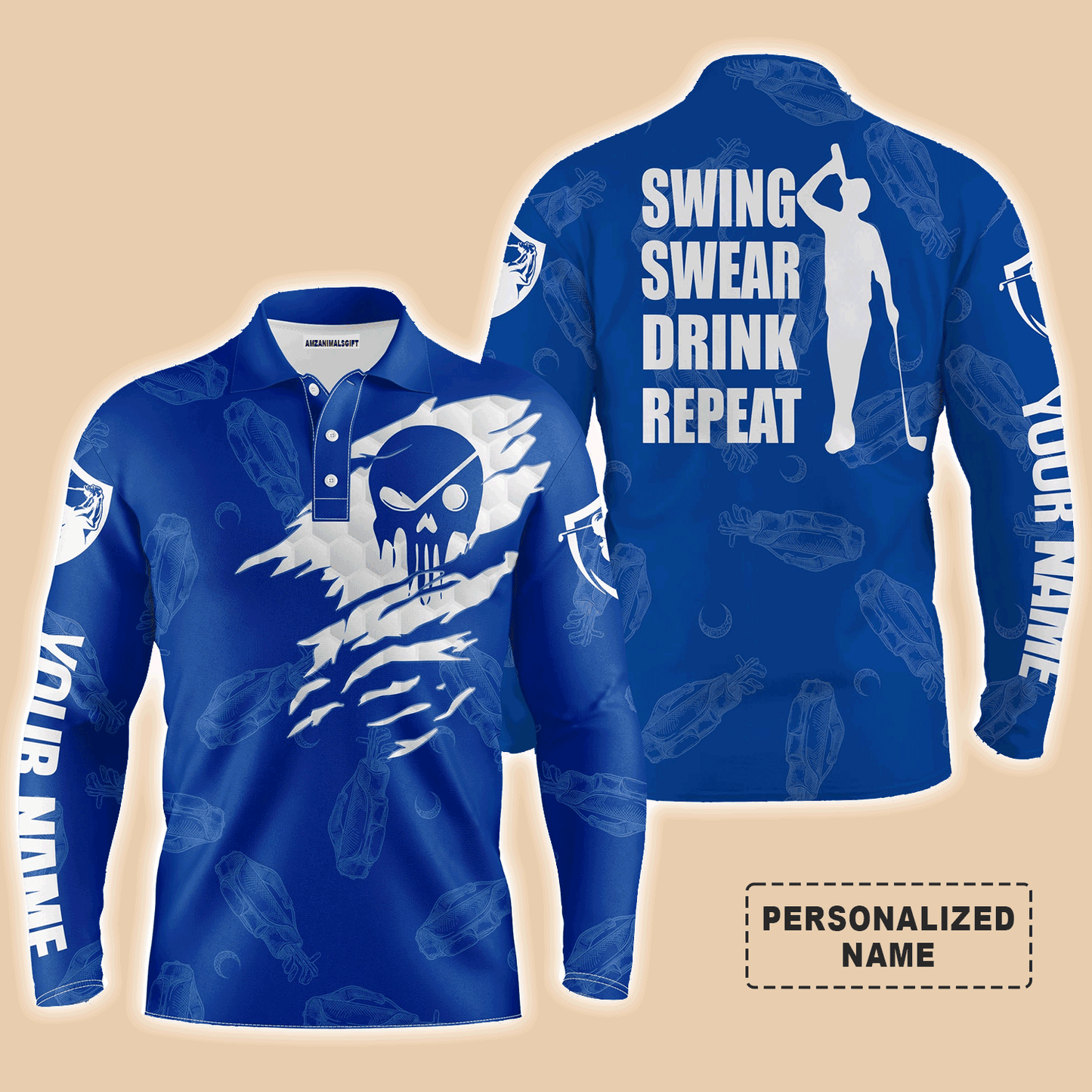 Golf Men Polo Shirts, Swing Swear Drink Repeat, Custom Name Golf Clubs Pattern Blue Apparel - Personalized Gift For Men, Husband, Boyfriend, Lovers