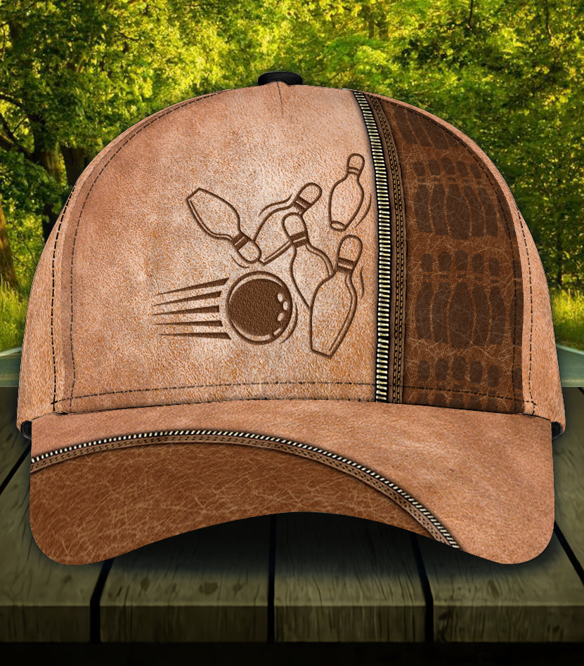 Bowling Leather Texture Classic Cap, Bowling Strike Brown Cap Hat For Tournament Team Men Women Bowlers HN11