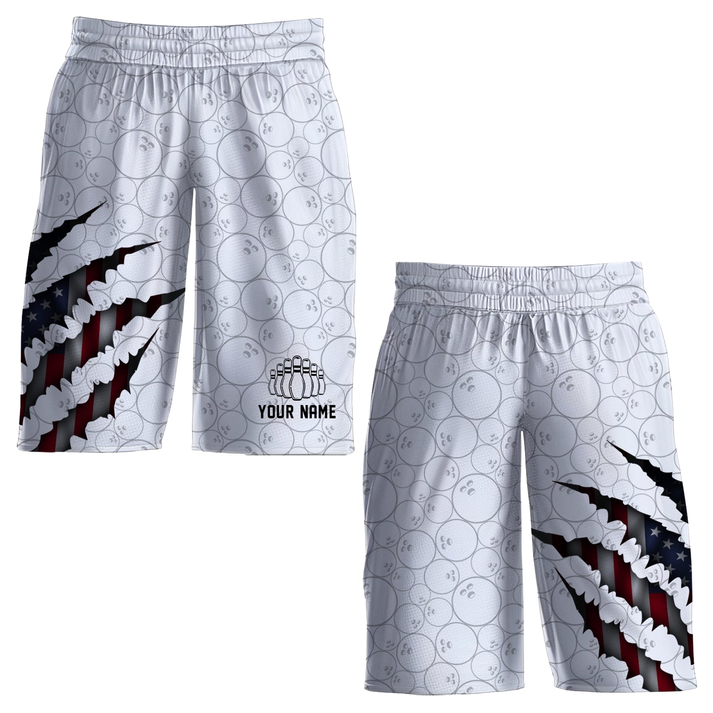 Personalized Bowling American Flag Scratches Shorts, Custom Name Bowling Shorts For Bowlers
