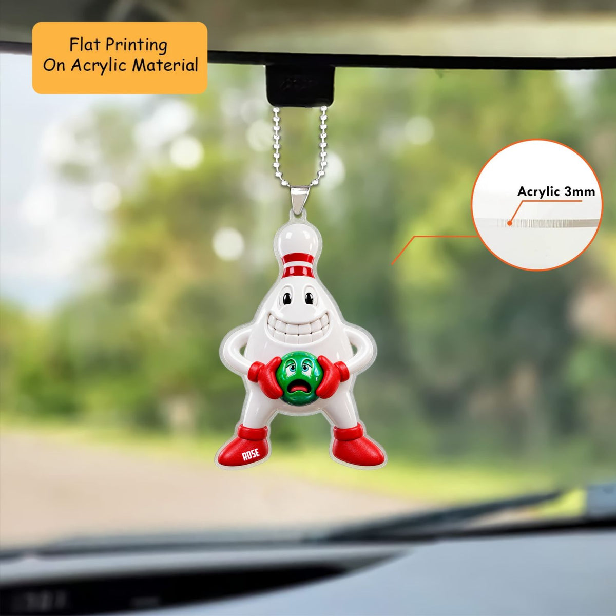 Personalized Bowling Christmas Ornament, Grinning Pin Holding Scared Ball, Custom Ornament Christmas Gift, Keychain Bowling, Car Ornament Bowling