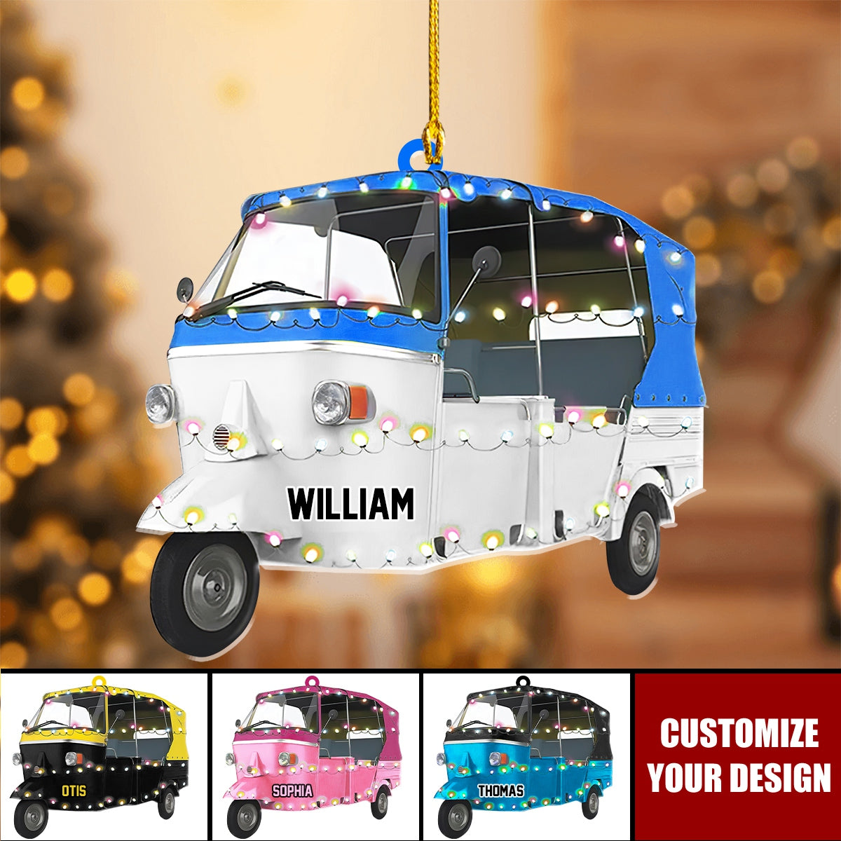 Personalized Christmas Auto Rickshaw Flat Acrylic Ornament, Meaningful Christmas Ornament Gift For Dad Man, Grandpa
