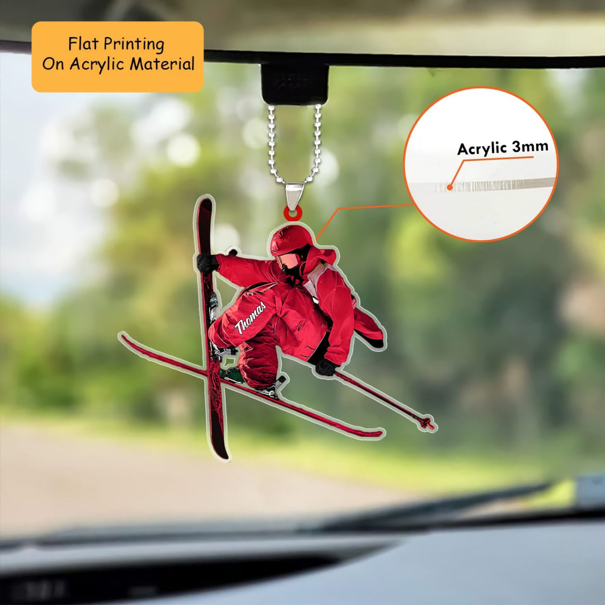 Personalized Skiing Christmas Flat Printed Acrylic Ornament, Downhill Ski Jumping Action, Custom Ornament Christmas Gift, Keychain Skiing, Car Ornament Skiing