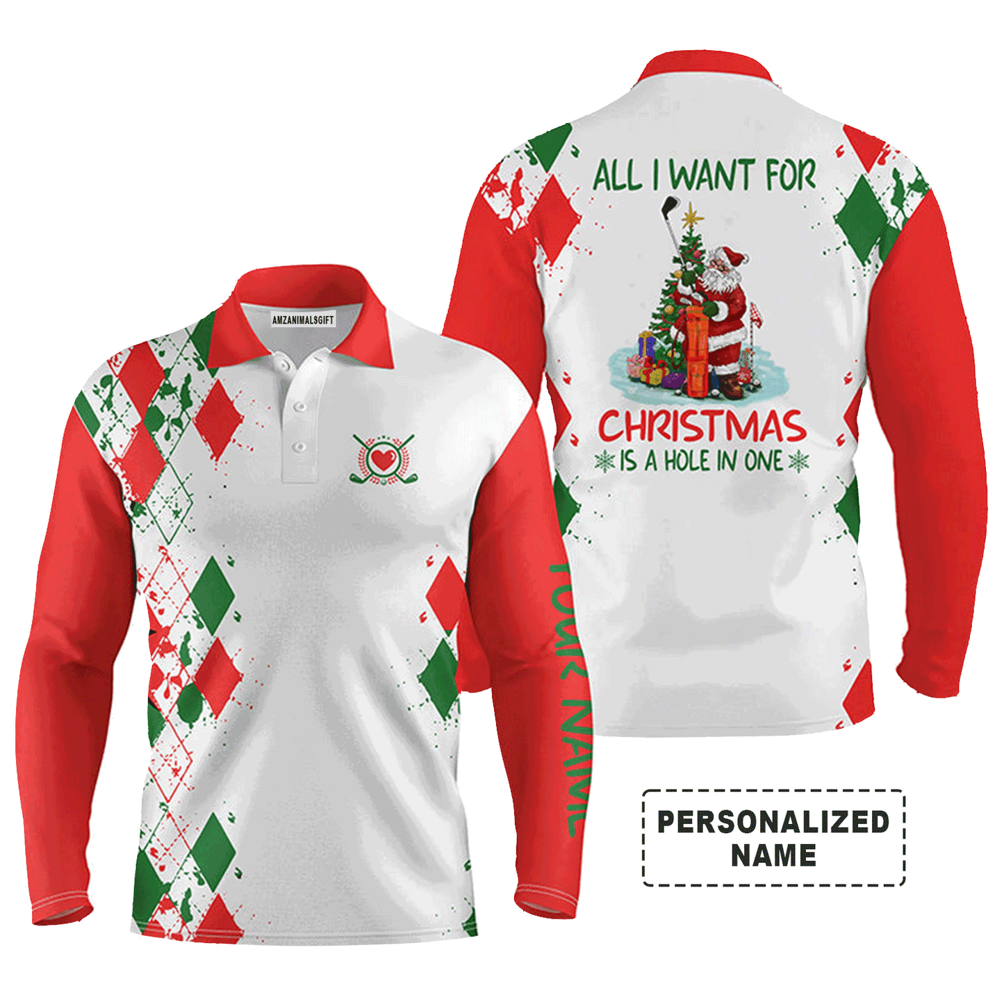 Custom Golf Short Sleeve Men Polo Shirt Shirt - Funny Santa Golfer - All I Want For Christmas Is A Hole In One - Personalized Gift For Golf Lover, Team