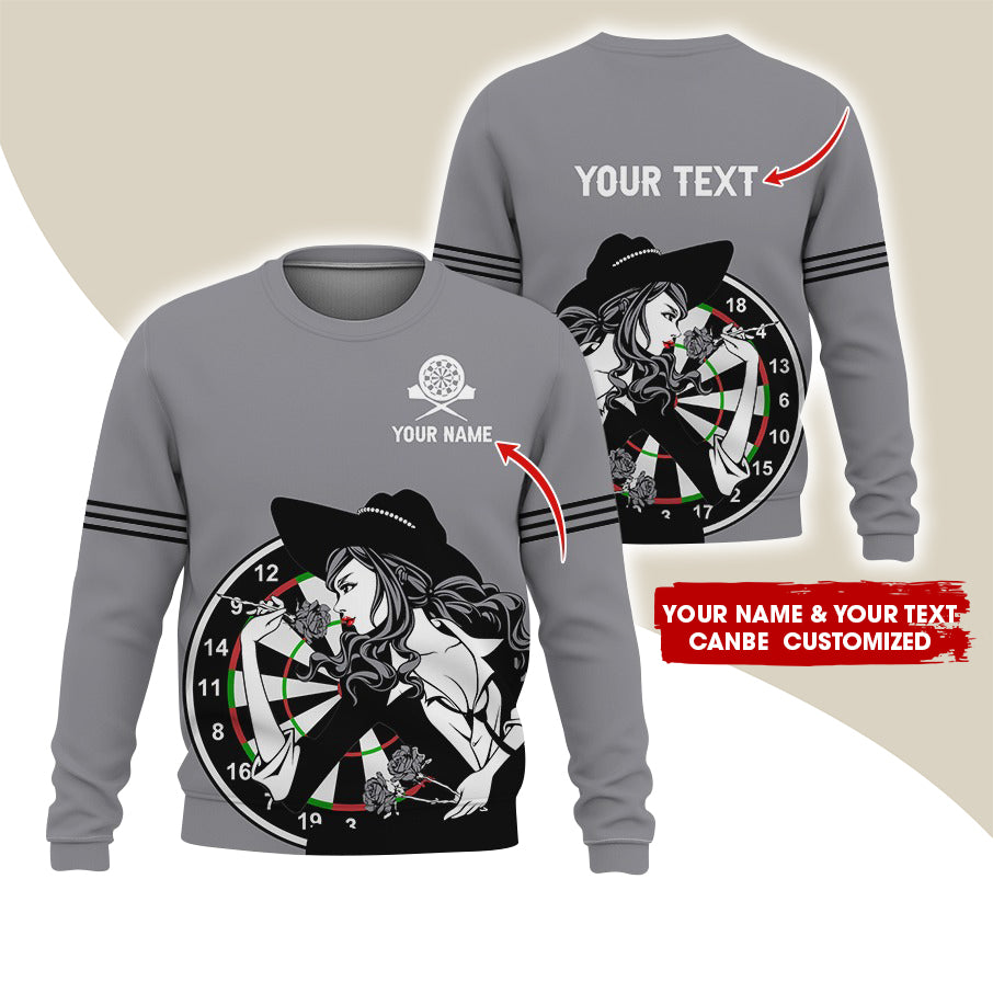Customized Name & Text Darts Sweatshirt, Personalized Name Sexy Girl Plays Darts Sweatshirt For Men & Women - Gift For Darts Lovers, Darts Players