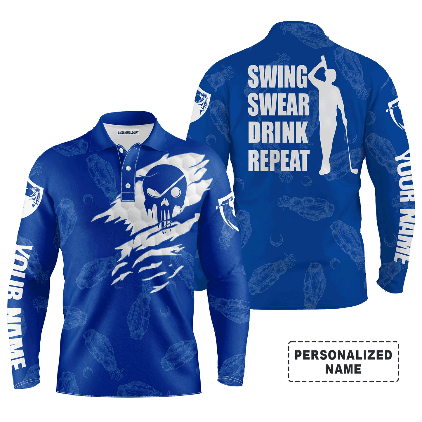 Custom Golf Long Sleeve Men Polo Shirt, Swing Swear Drink Repeat, Custom Name Golf Clubs Pattern Blue Men Polo Shirt For Golf Lovers