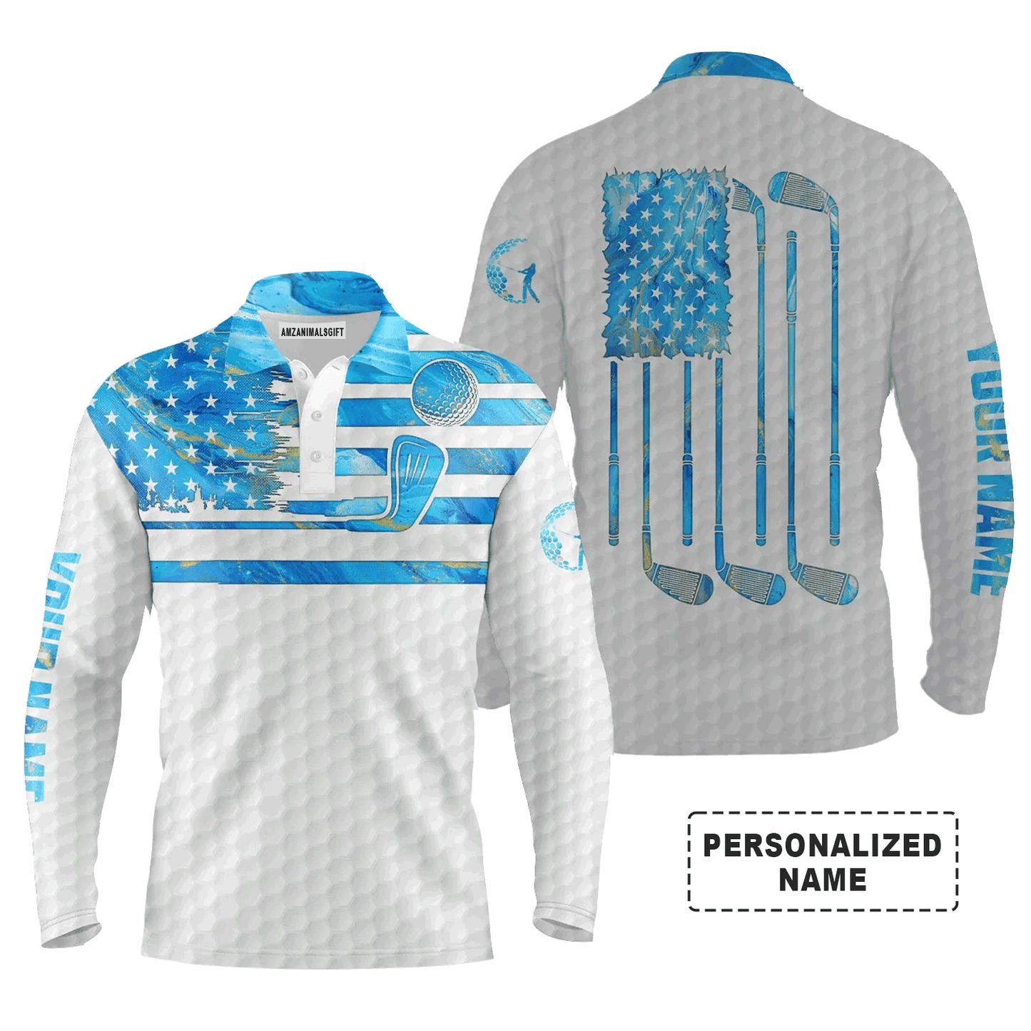 Custom Golf Short Sleeve Men Polo Shirt - Custom Name Blue Watercolor American Flag Apparel - Personalized Gift For Golf Lover, Team, Boyfriend, Men
