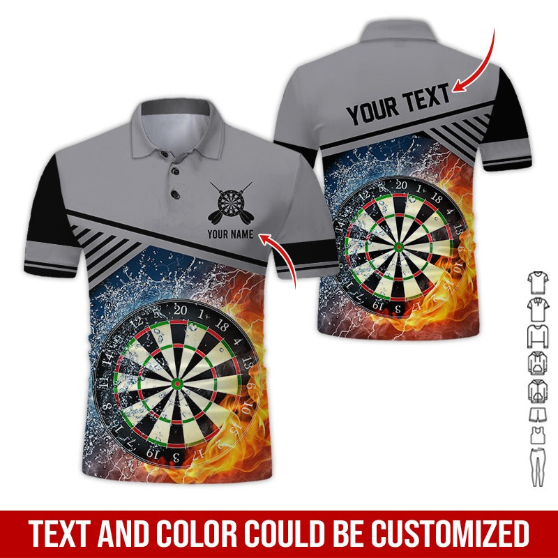 Customized Name & Text Darts Polo Shirt, Dartboard In Water And Fire Personalized Polo Shirt For Men - Perfect Gift For Darts Lovers, Darts Players