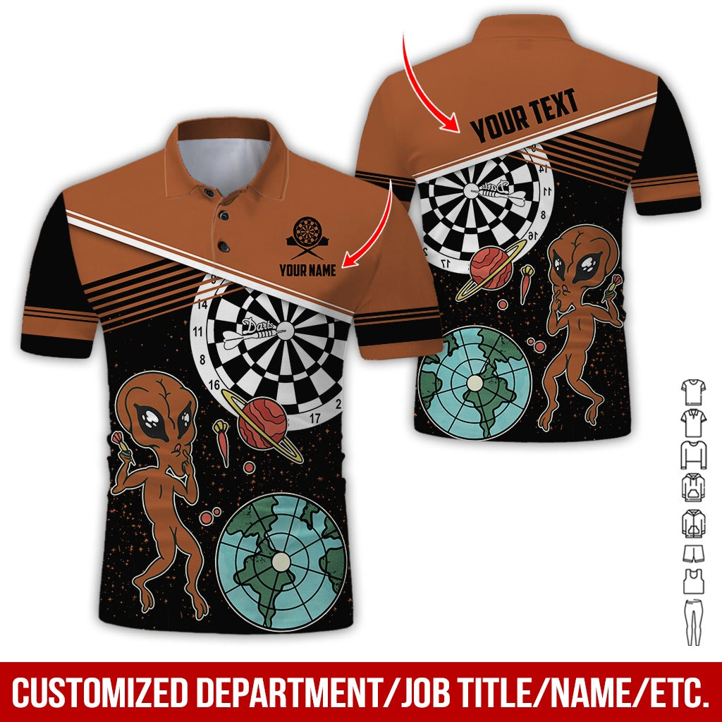 Customized Name & Text Darts Polo Shirt, Personalized Name Darts And Alien Polo Shirt For Men - Perfect Gift For Darts Lovers, Darts Players