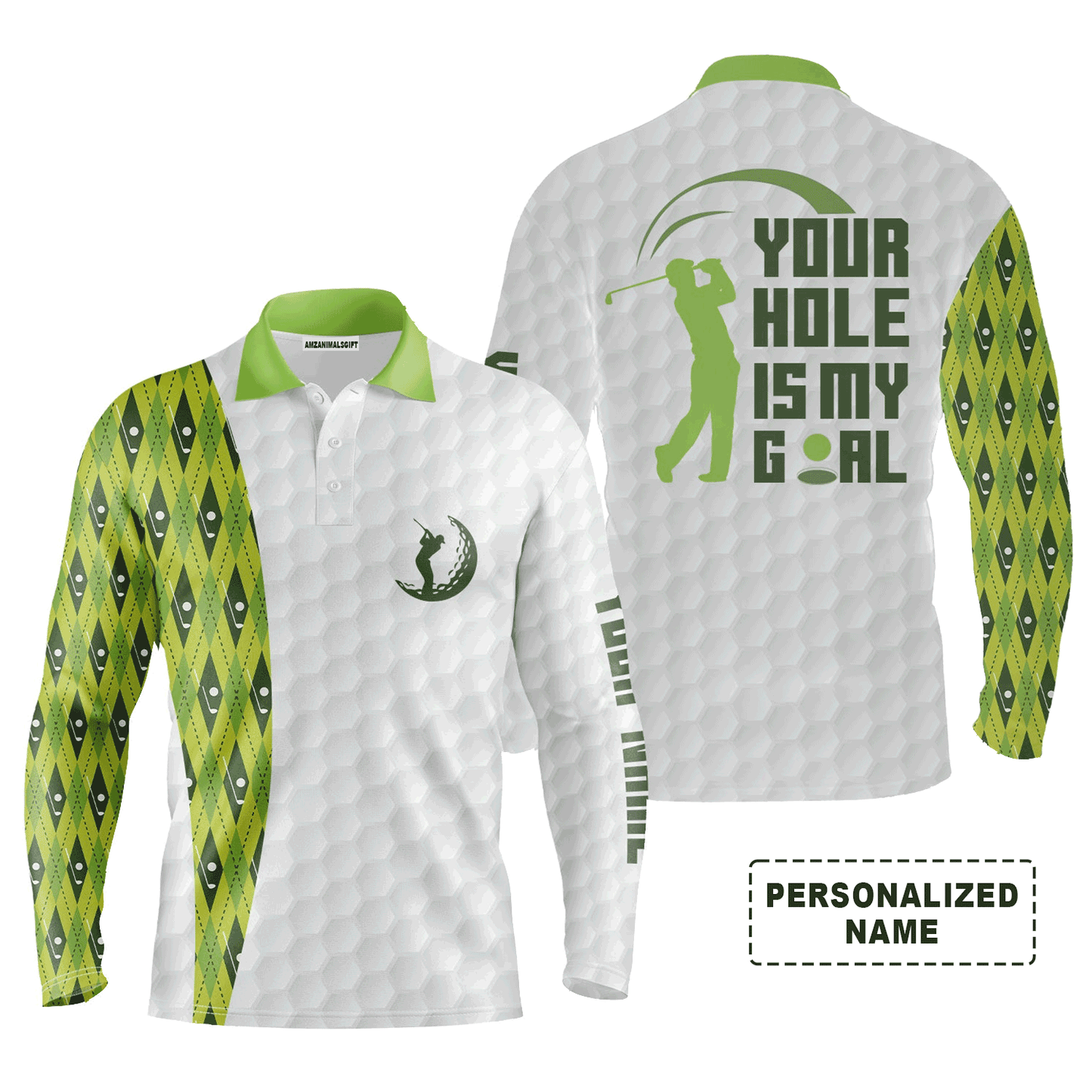 Custom Golf Long Sleeve Men Polo Shirt -Your Hole Is My Goal Green Argyle Pattern Polo Shirt, White And Green Golf Shirt For Men, Golf Lover