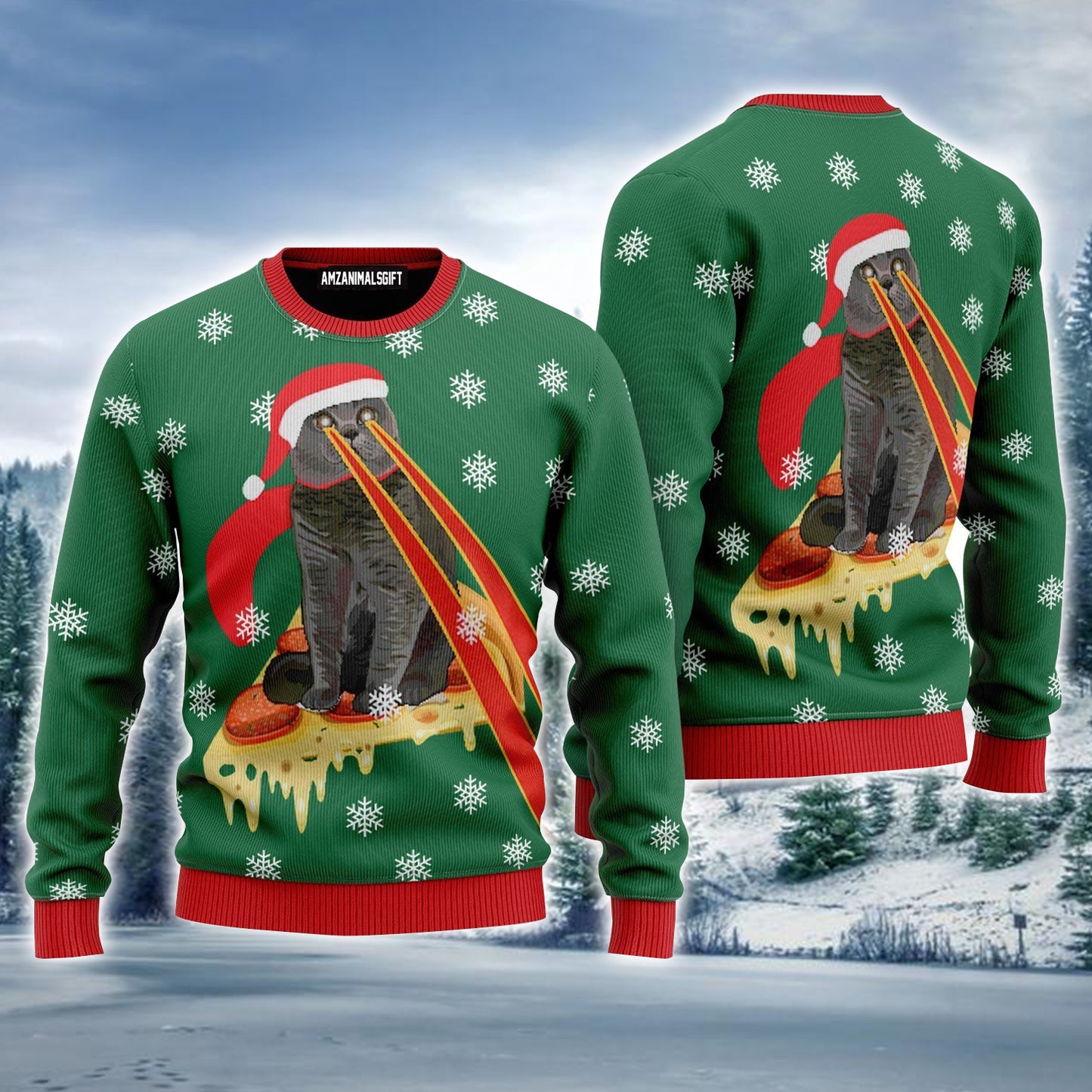 Pizza Cat With Laser Eyes Ugly Christmas Sweater, Funny Cat Lovers Xmas Ugly Sweater For Men & Women - Perfect Gift For Christmas, Cat Lovers