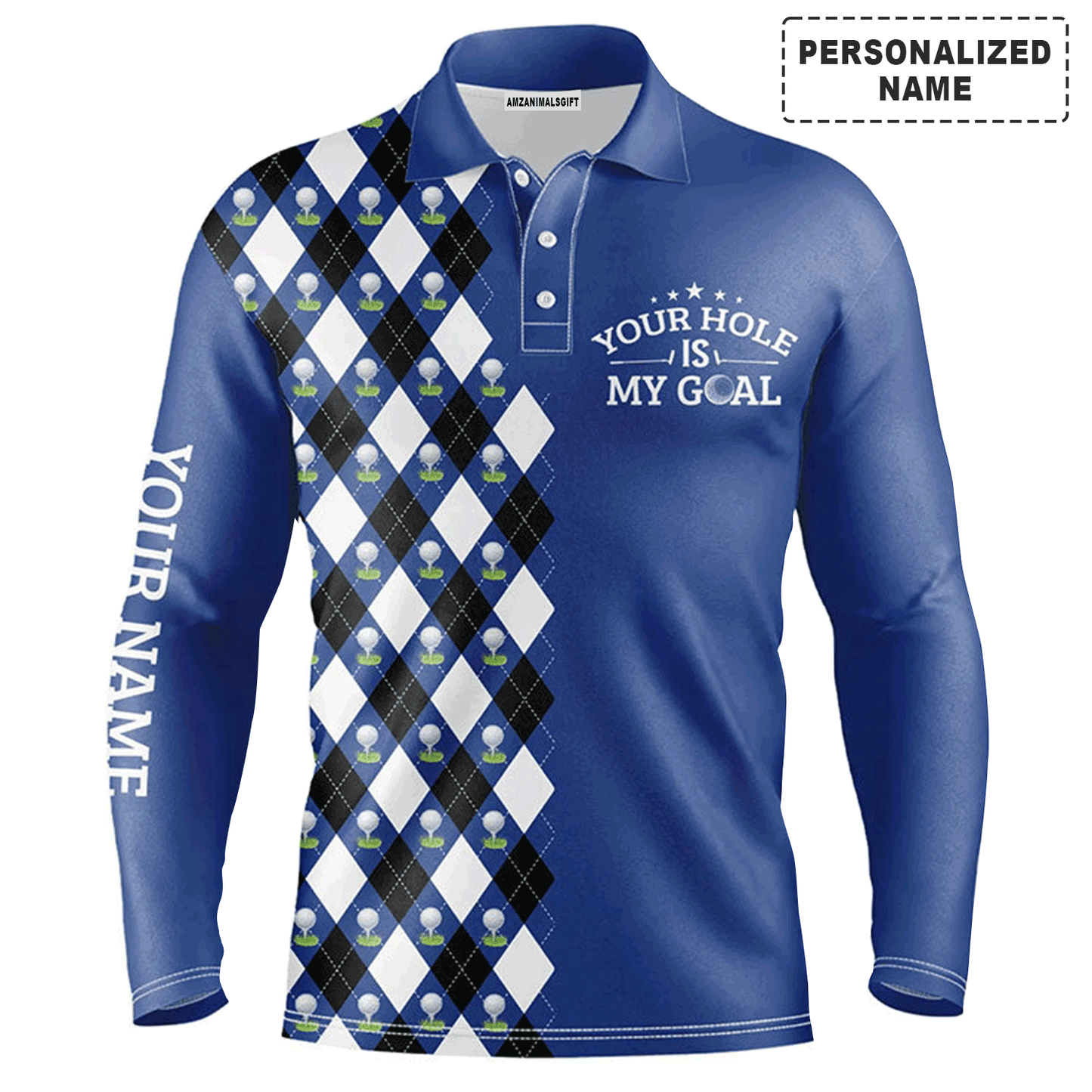 Custom Golf Long Sleeve Men Polo Shirt- Blue Argyle Pattern Your Hole Is My Goal Golf Polo Shirt- Perfect Gift For Men, Golf Lover