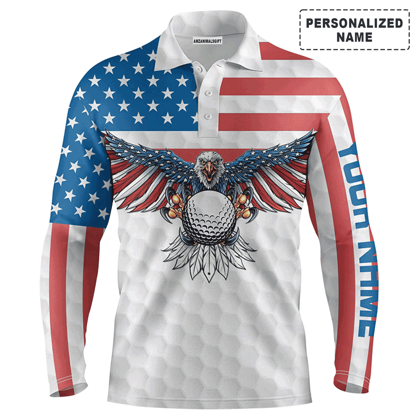 Golf Men Polo Shirt - Custom Name American Flag Eagle Golf Ball Apparel - Personalized Gift For Golf Lover, Team, Golfers, Patriotic, 4th July