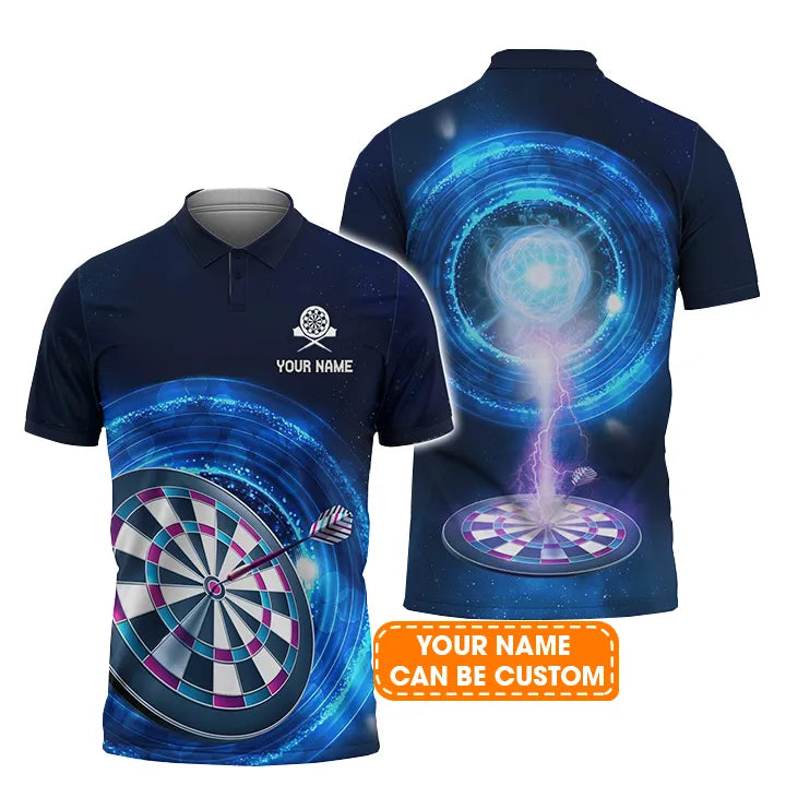 Darts Custom Name Men Polo Shirt, Blue Darts Lightning Dartboard Personalized Men Polo Shirt Gift For Darts Lovers, Friend, Darts Team Player