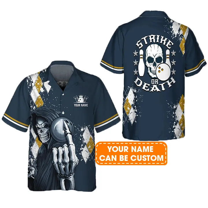 Bowling Hawaiian Shirt Custom Name - Blue Bowling Strike Or Death Personalized Aloha Hawaiian Shirt - Gift For Friend, Family, Bowling Lovers