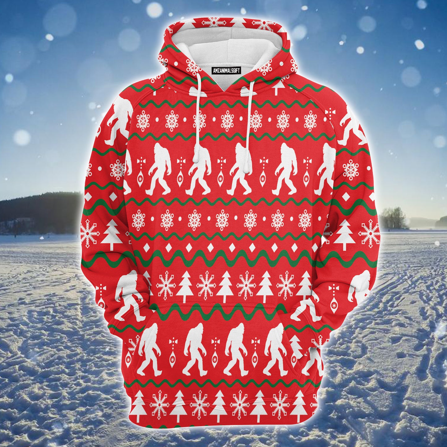 Bigfoot Premium Christmas Hoodie, White Christmas Tree Pattern Unisex Hoodie For Men & Women - Perfect Gift For Christmas, Friends, Family