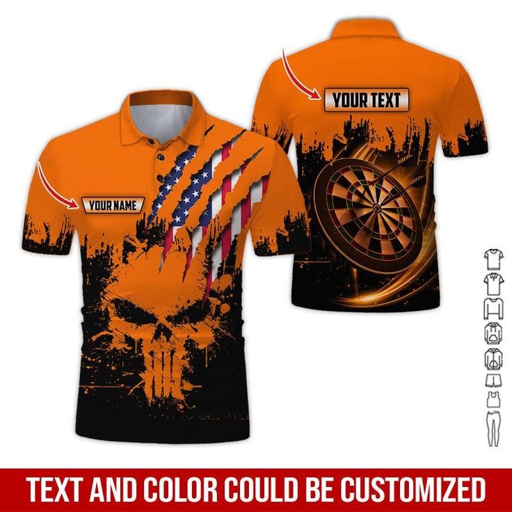 Customized Name & Text Darts Polo Shirt, Skull American Flag Personalized Name Darts Polo Shirt For Men - Perfect Gift For Darts Lovers, Darts Players