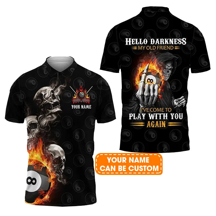 Custom Name Billiard Men Polo Shirt, Personalized Skull Reaper 8 Ball Pool Billiards Polo Shirts Gift For Billiard Lover, Hello Darkness My Old Friend