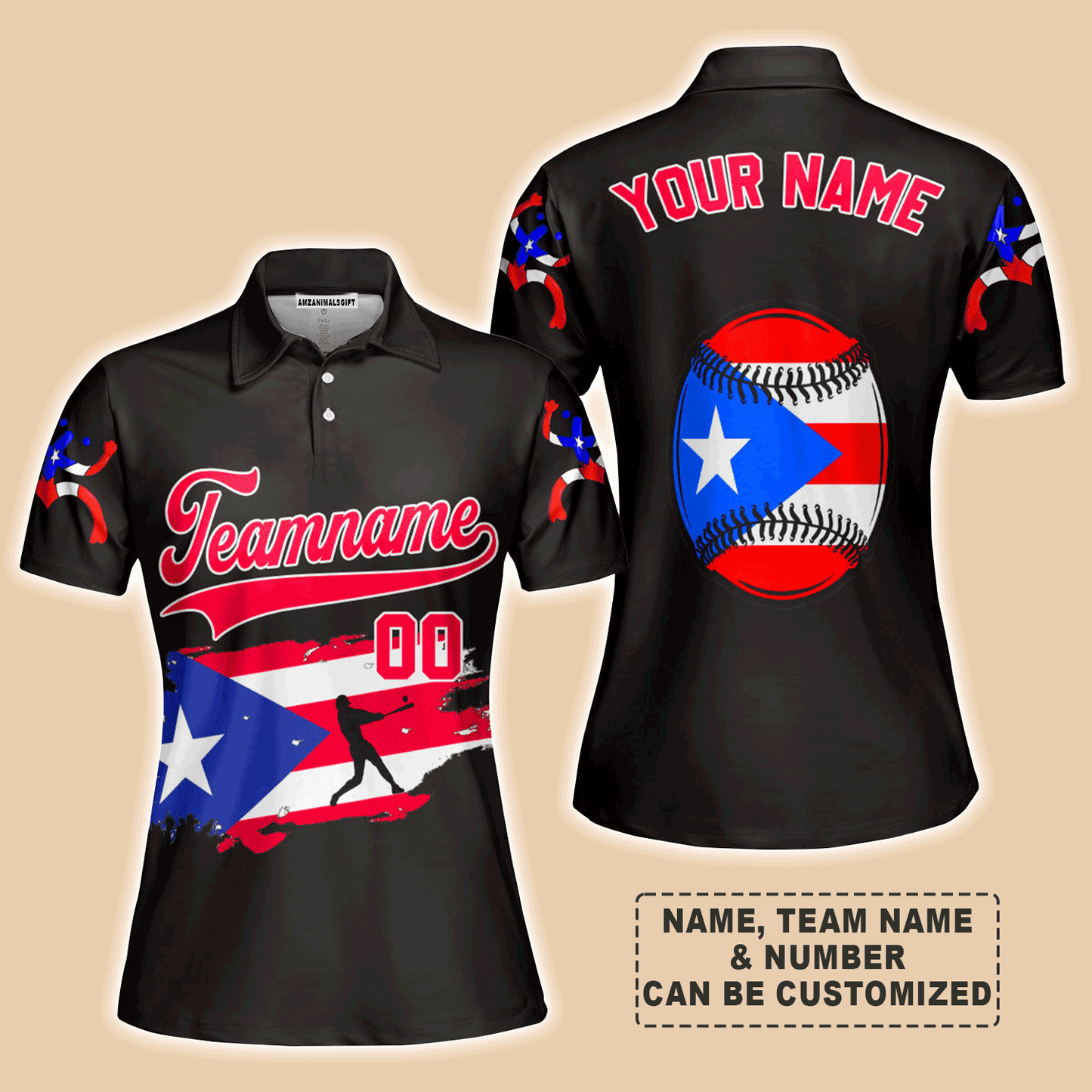 Customized Baseball Women Polo Shirt, Puerto Rico Baseball Black White Red Custom Polo Shirt - Perfect Polo Shirt For Women, Baseball Lovers