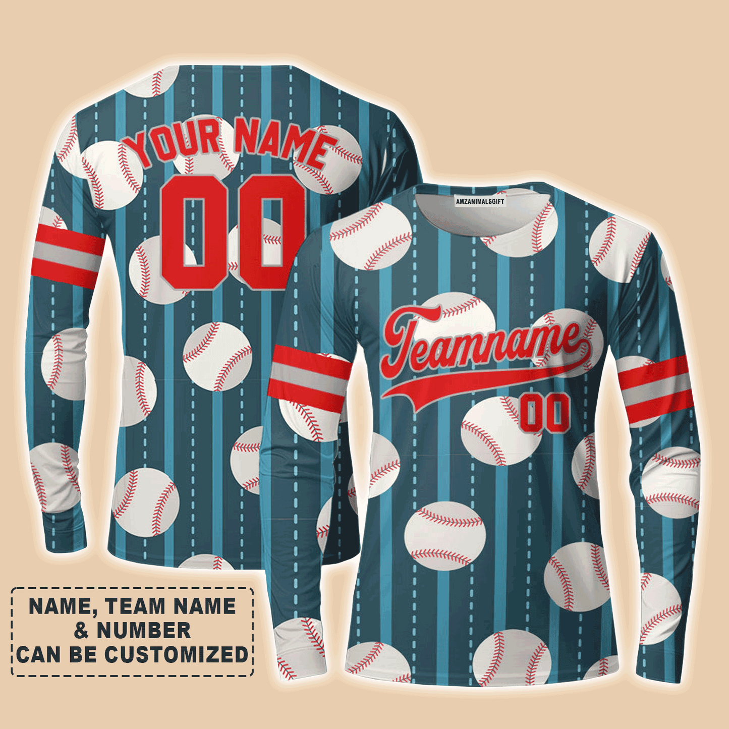 Customized Baseball Long Sleeve Shirt, Teal Baseball Striped Pattern Teal White Custom Long Sleeve Shirt - Perfect Long Sleeve Shirt For Men & Woman, Baseball Lovers