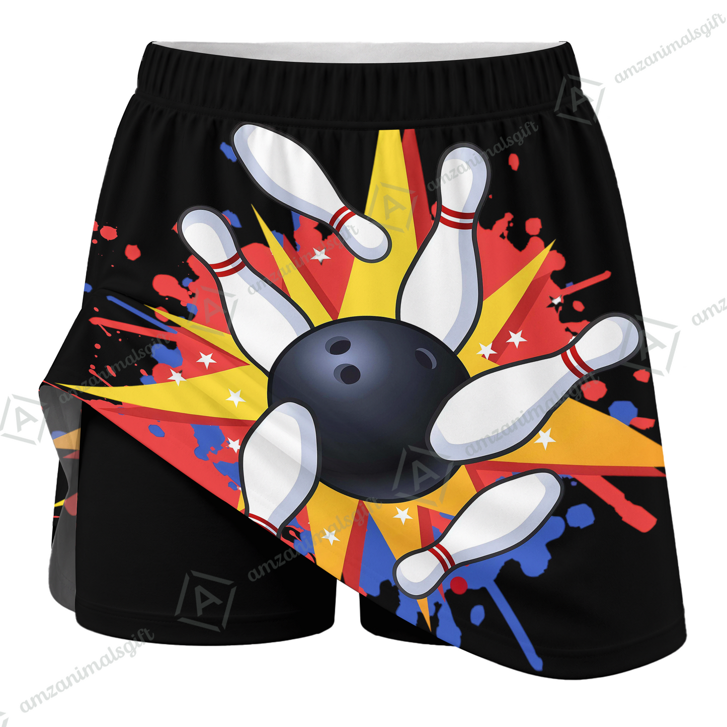 Customized Bowling Trouser Skirts With Shorts Underneath, Bowling Colorful Ink Splatter With Pockets