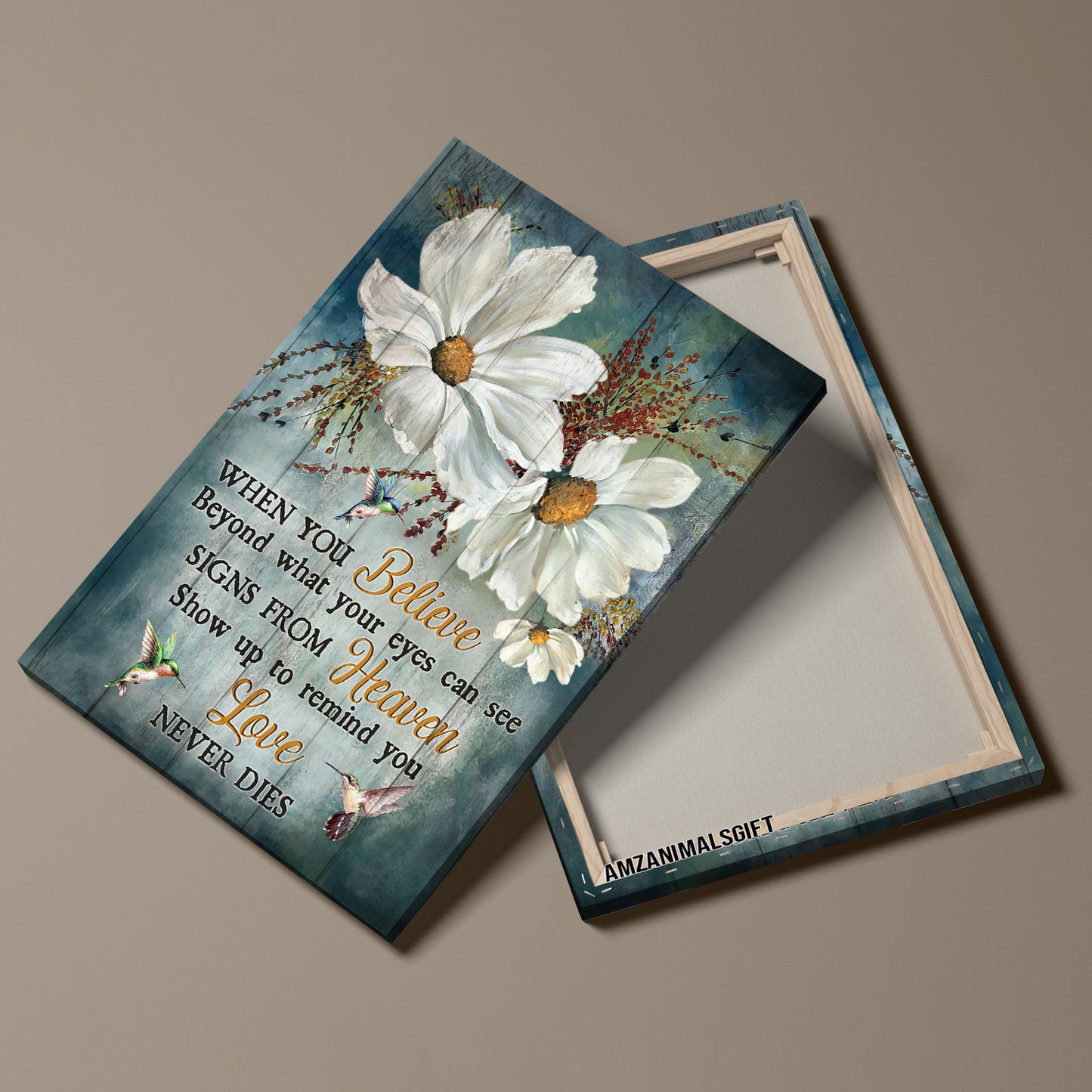Memorial Premium Wrapped Portrait Canvas - White Daisy Flower, Hummingbird, Love Never Dies - Gift For Members Family