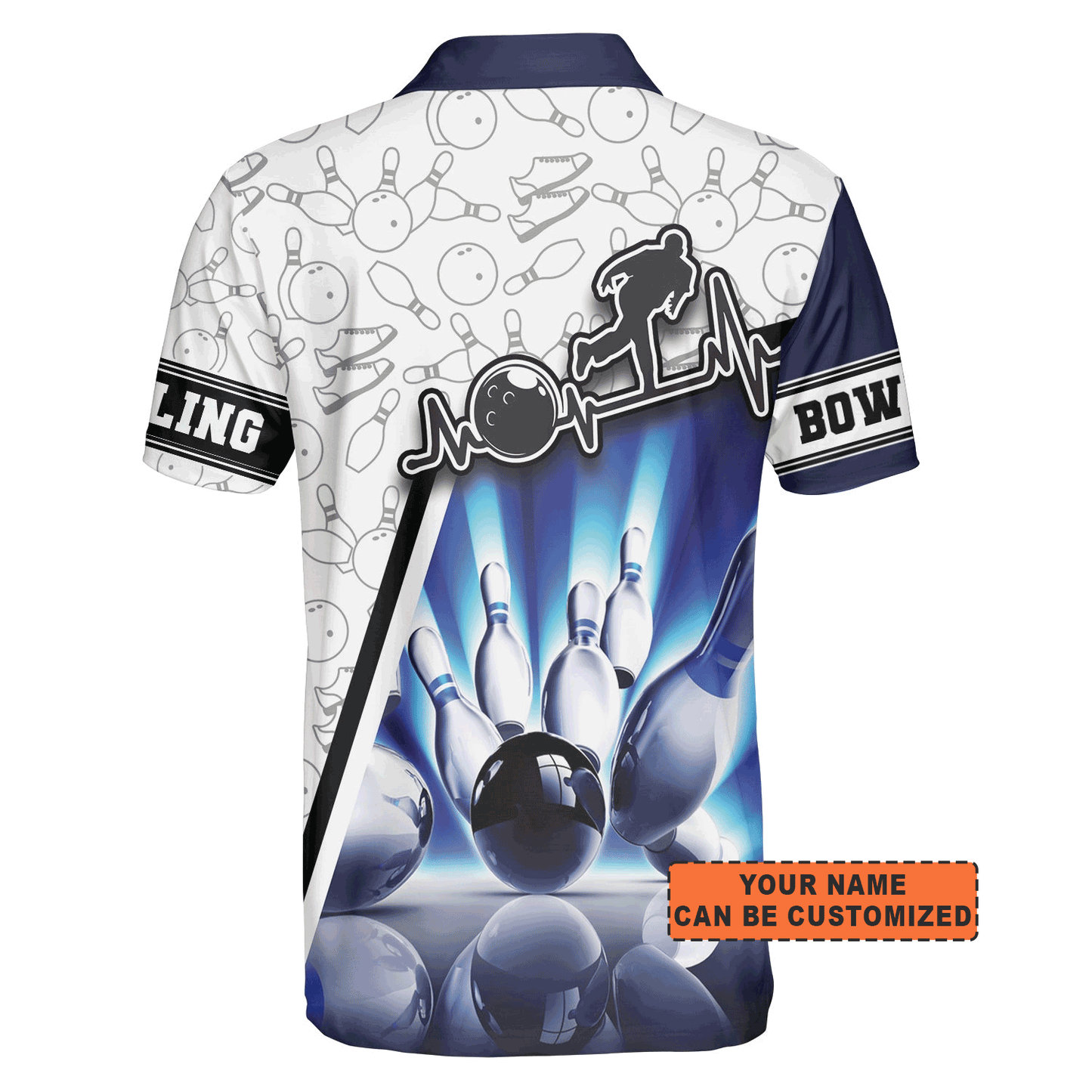 Customized Bowling Men Polo Shirt, Personalized Men Bowling White & Blue Pattern Polo Shirt For Men, Bowling Lovers