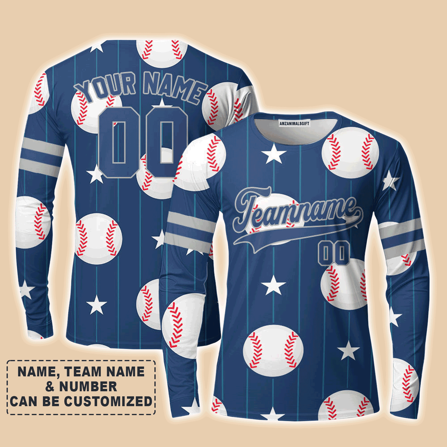 Customized Baseball Long Sleeve Shirt, Navy Baseball Striped Pattern Blue Custom Long Sleeve Shirt - Perfect Long Sleeve Shirt For Men & Woman, Baseball Lovers