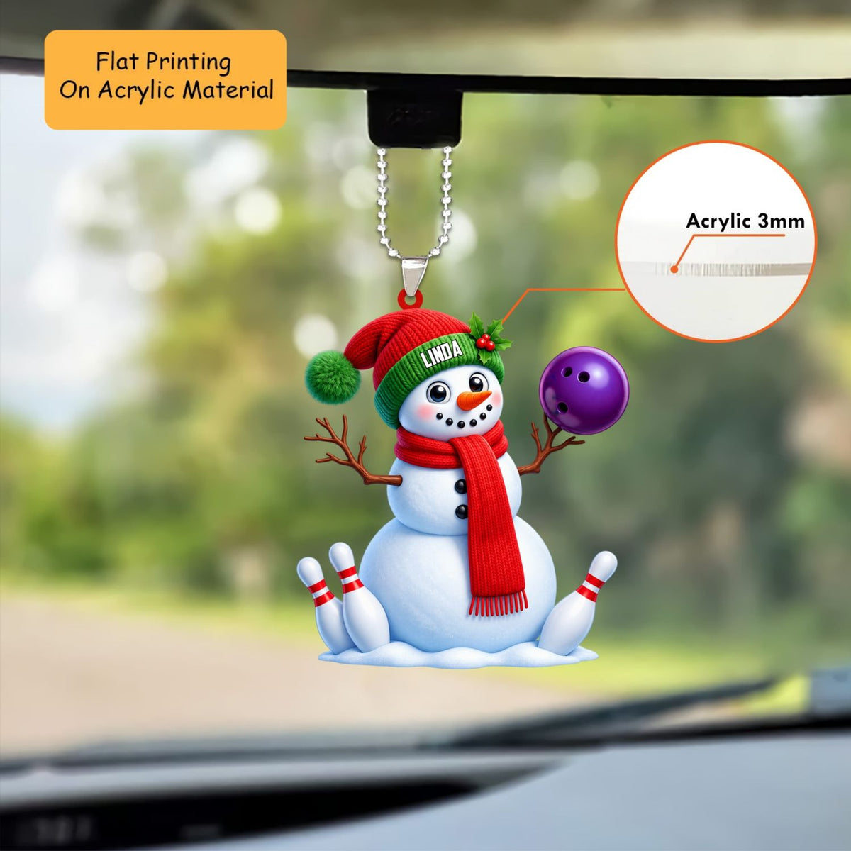Personalized Bowling Snowman Christmas Ornament, Classic Snowman Holding Ball And Pins, Custom Ornament Christmas Gift, Keychain Bowling, Car Ornament Bowling