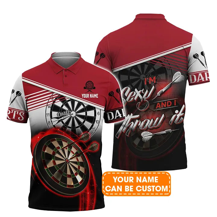 Darts Polo Shirts Personalised, Red Black Background Darts I'm Sexy And I Throw It Custom Name Men Polo Shirt - Perfect Gift For Men, Darts Player