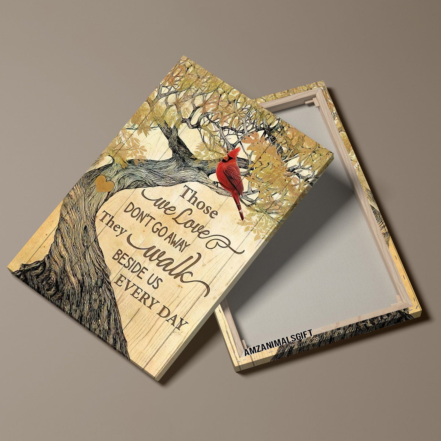 Memorial Premium Wrapped Portrait Canvas - Red Cardinal, Yellow Leaf, Wooden Heart, They Walk Beside Us Every Day - Gift For Members Family