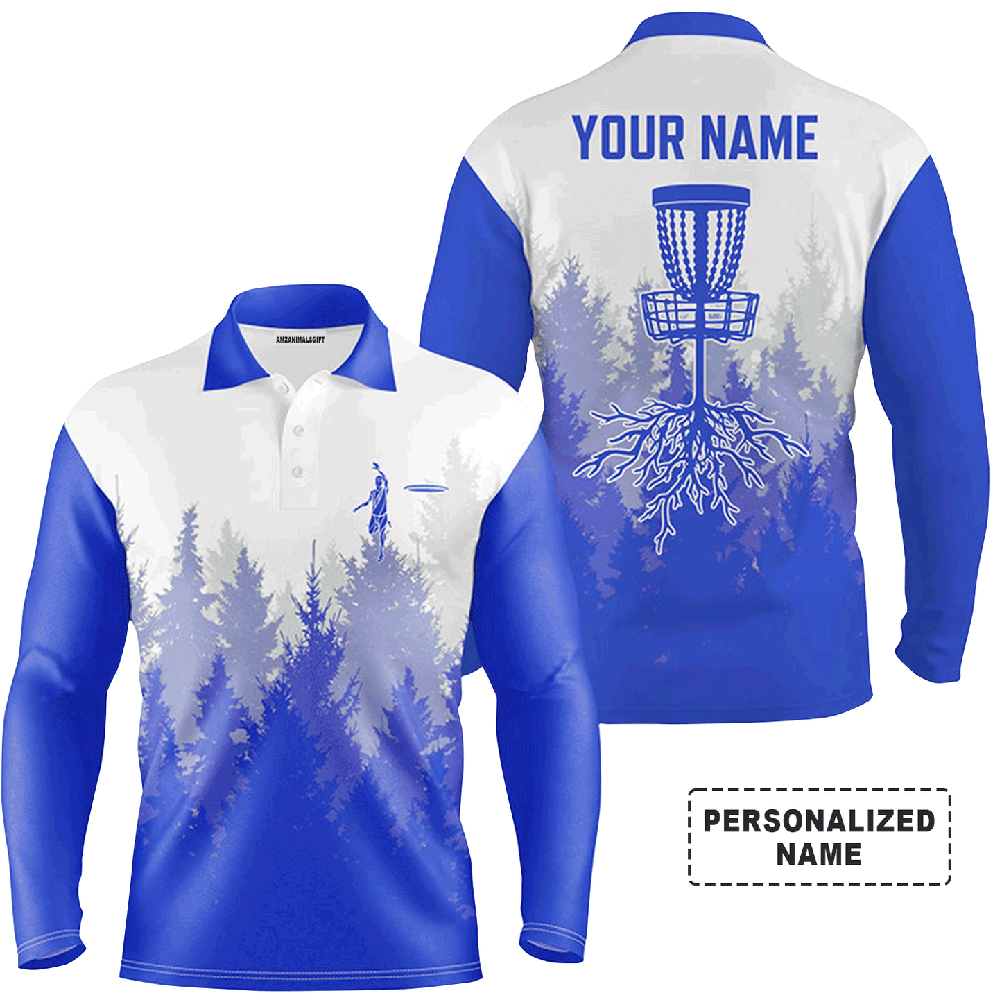 Custom Disc Golf Long Sleeve Men Polo Shirt - Disc Golf Basket Hole In The Woods Custom Name Multicolor Apparel For Men, Disc Golf Lover