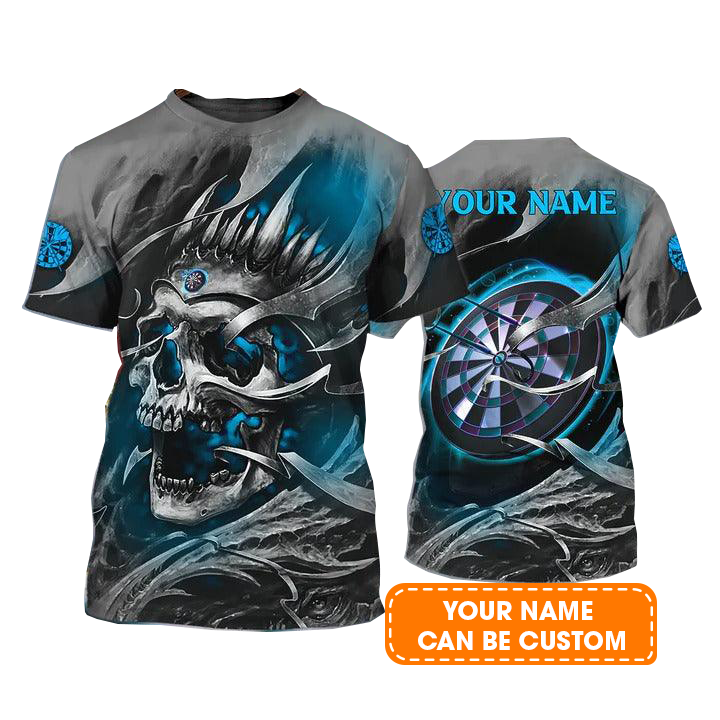 Customized Name Darts T Shirt, Teal Skull Dartboard Personalized Name Darts T Shirt For Men - Gift For Darts Lovers, Darts Team Players