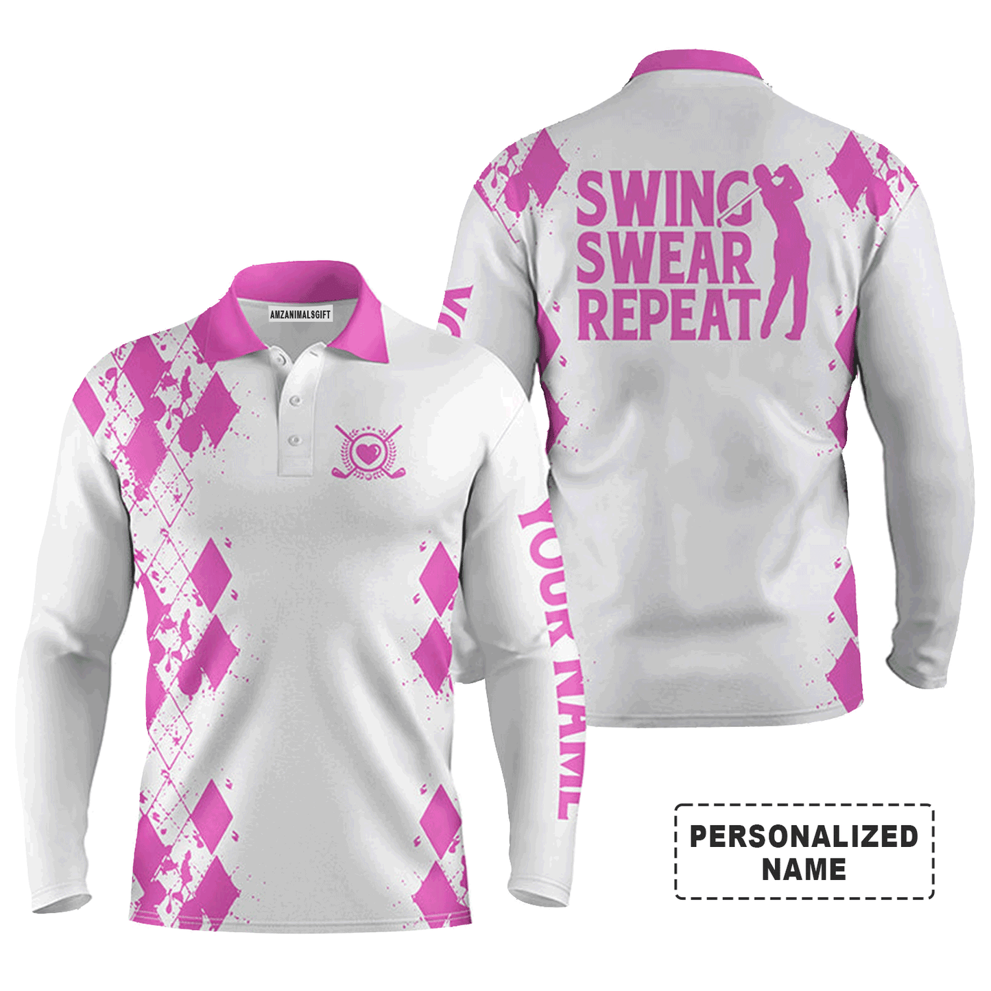 Custom Golf Long Sleeve Men Polo Shirt -Argyle Pattern Custom Name Apparel, Swing Swear Repeat Men Golf Polo Shirt-Perfect Polo Shirt For Men, Golfers