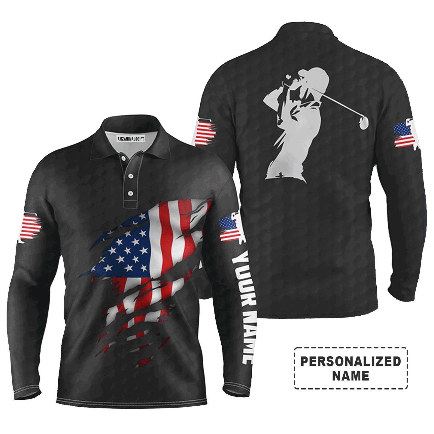 Custom Golf Long Sleeve Men Polo Shirt - Custom Name American Flag Apparel - Personalized Gift For Men, Golf Lover, 4th Of July