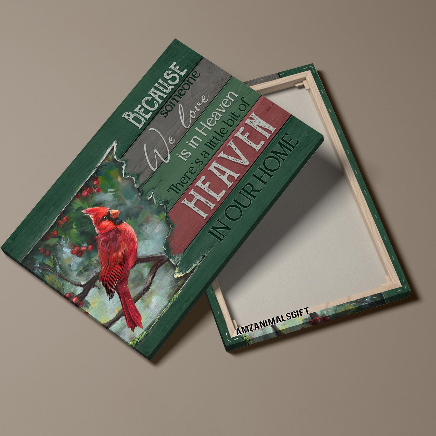 Memorial Premium Wrapped Landscape Canvas - Beautiful Cardinal, Green Forest, Cranberry, Because Someone We Love Is In Heaven - Gift For Members Family
