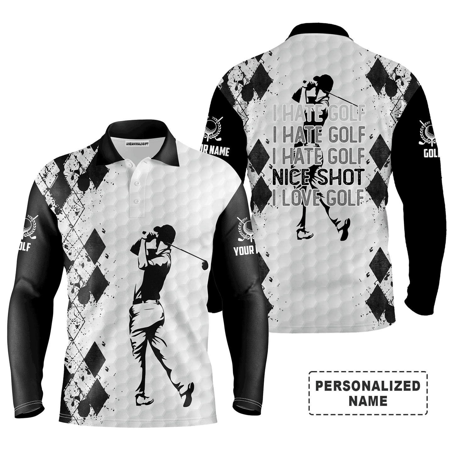 Custom Golf Long Sleeve Men Polo Shirt - Funny Custom Name Multicolor Apparel - I Hate Golf Nice Shot I Love Golf Gift For Men Golf Lover