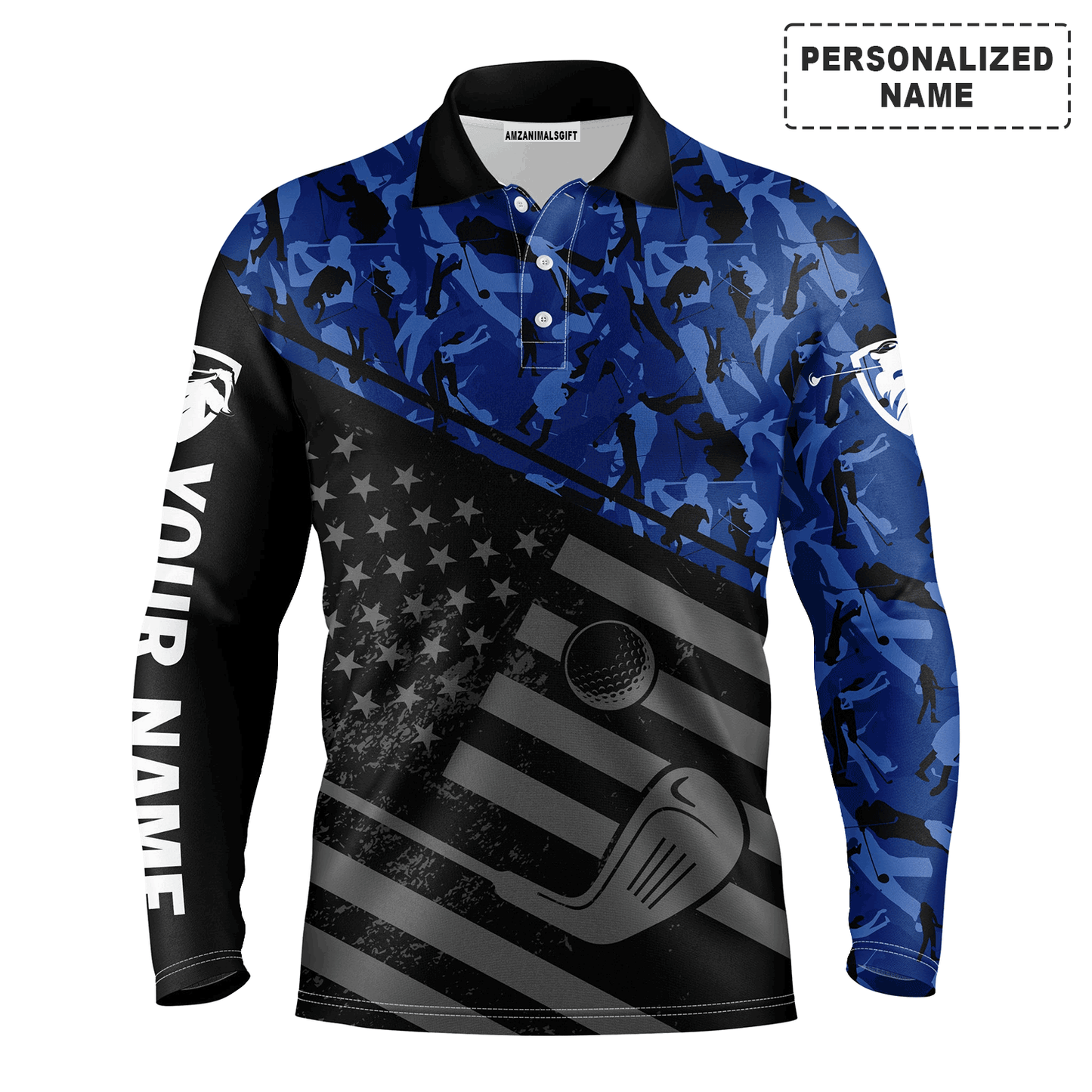 Custom Golf Long Sleeve Men Polo Shirt-Black American Flag Patriotic Camo Pattern Custom Name Apparel-Personalized Gift For Golf Lover, Team, 4th July