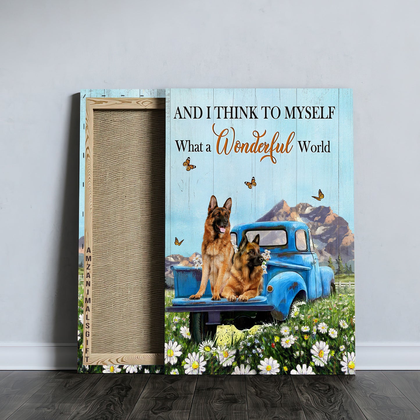 German Shepherd Premium Wrapped Portrait Canvas - Daisy Field, German Shepherd Dogs, Ladybug Car, What A Wonderful World - Gift For Dog Lovers