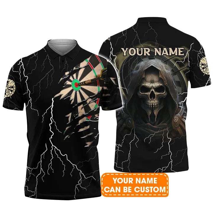 Grim Reaper And Darts Custom Name Men Polo Shirt, Bullseye Dartboard Thunder Personalized Men Polo Shirt Gift For Darts Lovers, Team, Friends