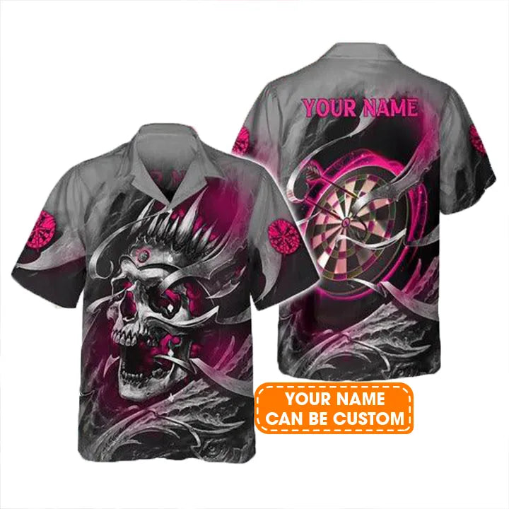 Customized Name Darts Hawaiian Shirts, Pink Skull Dartboard Personalized Name Darts Aloha Shirts For Men - Gift For Darts Lovers, Darts Team Players