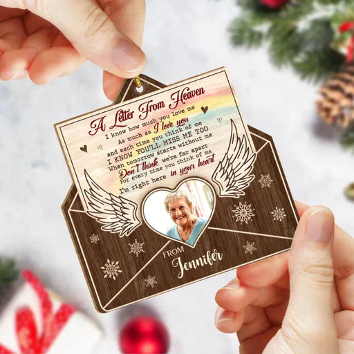 Personalized Memorial Photo Wooden Ornament, Custom Mom Photo Wood Ornament, A Letter From Heaven - Gift For Mom, Dad, Member's Family